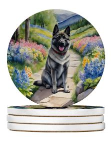 Norwegian Elkhound Spring Path Large Sandstone Coasters Pack of 4 Absorbent Round Coasters Decor Gifts for Men or Women, 4 in, Multicolor