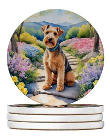Lakeland Terrier Spring Path Large Sandstone Coasters Pack of 4 Absorbent Round Coasters Decor Gifts for Men or Women, 4 in, Multicolor