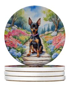 Miniature Pinscher Spring Path Large Sandstone Coasters Pack of 4 Absorbent Round Coasters Decor Gifts for Men or Women, 4 in, Multicolor